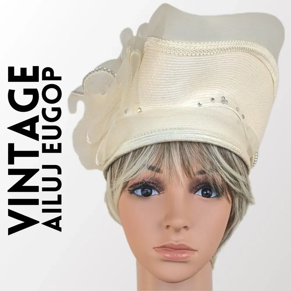 VTG 50s Fascinator Hat MCM Ivory Upsweep Woven Rhinestone Pearl Church Derby